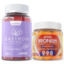 1Pack Saffron papildinājums Gumijas 100% Pure Saffron ekstrakts Veselu augu gumijas + 2P Vegan dzelzs gumijas Papildinājums ar vitamīnu C, B12, Folātu un kurkuma