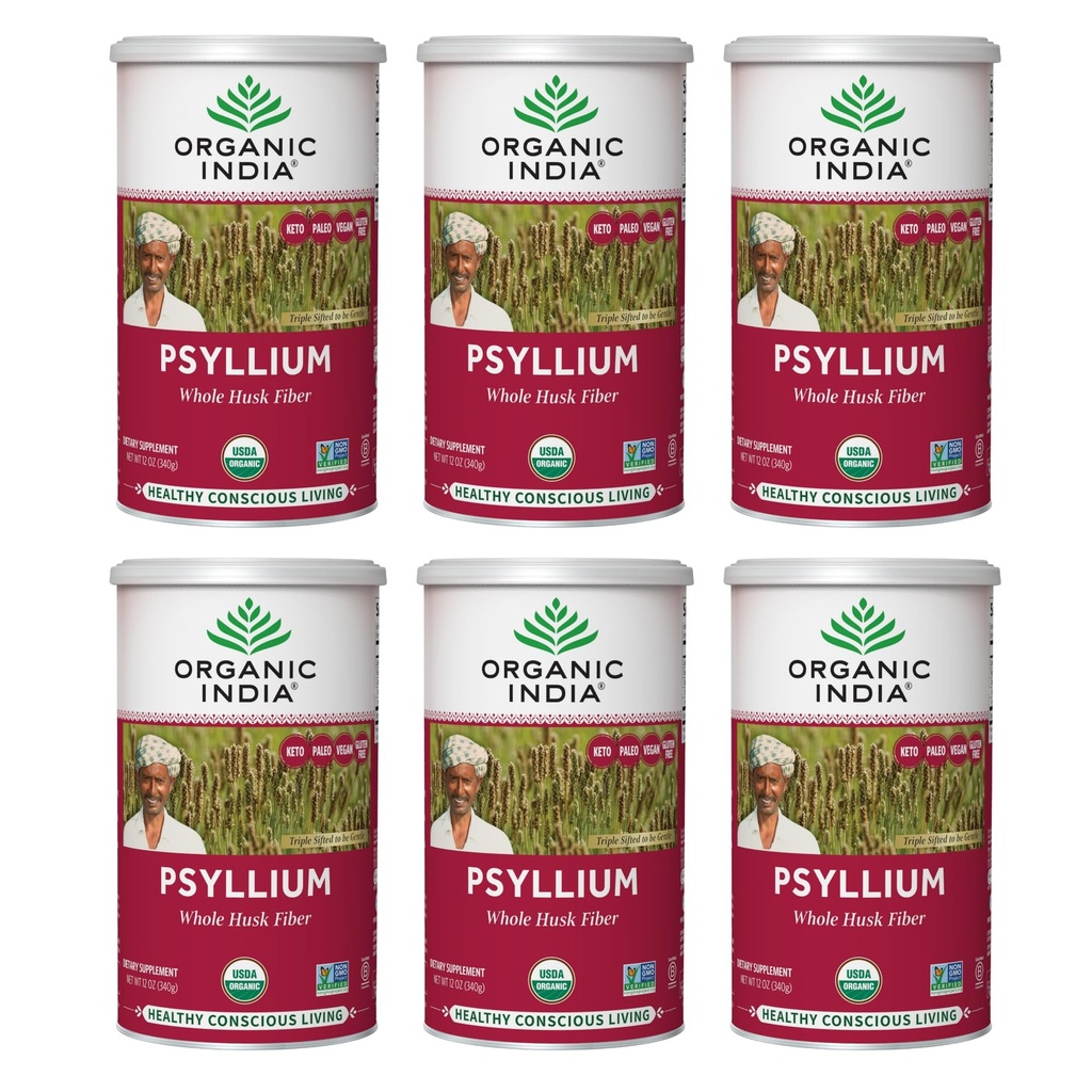 ORGANIC INDIA Viss Psylium Husk pulveris Organisks - Psylium Husk Fiber papildinājums, Gremošanas atbalsts, Vegan, bez lipekļa, ne-GMO, šķīstošs un nešķīstošs Fiber Avots - 12 oz Canister, 6 iepakojums