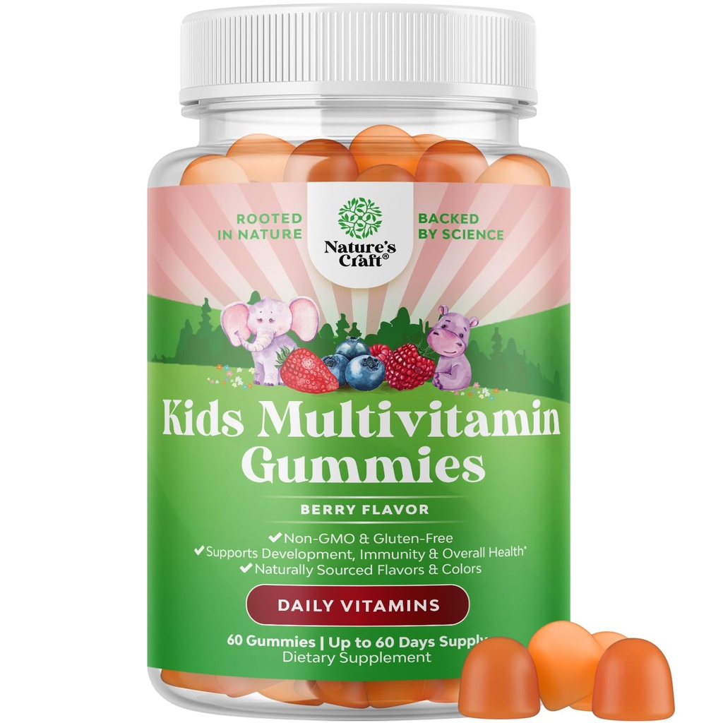 USDA Organic Kids Multivitamīnu Gummies - Multivitamīnu bērniem Imūns Atbalsts ar vitamīniem A, C, D3, E, B6 & B12, Cinka un joda - Bērnu Vitamīnu košļājamā formula spēcīgai veselībai - 60 Count