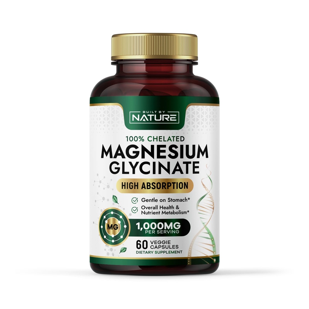 Dabā būvēts magnija glicinate 1000mg – Augsta Absorbcija Magnija Papildinājums – 100% Čelēts, Maiga uz kuņģa - Muskuļi, Sirds, Kaulu un Relaksācijas Atbalsts - Ne-GMO, Vegan - 60 Kapsulas