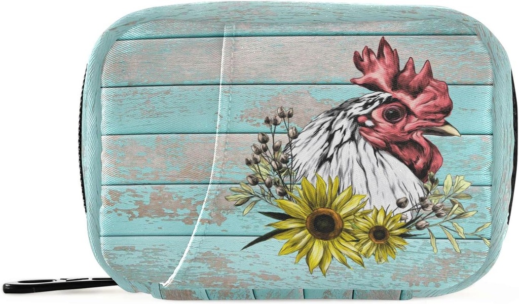 Pill Box Wooden Rooster Saulespuķu Pill Box 7 Day Pill Case Bag Travel Pill Organizators Bag ar zipper Pārnēsājams Weekly Case Compact Izmērs Vitamīnu piedevas turētājs
