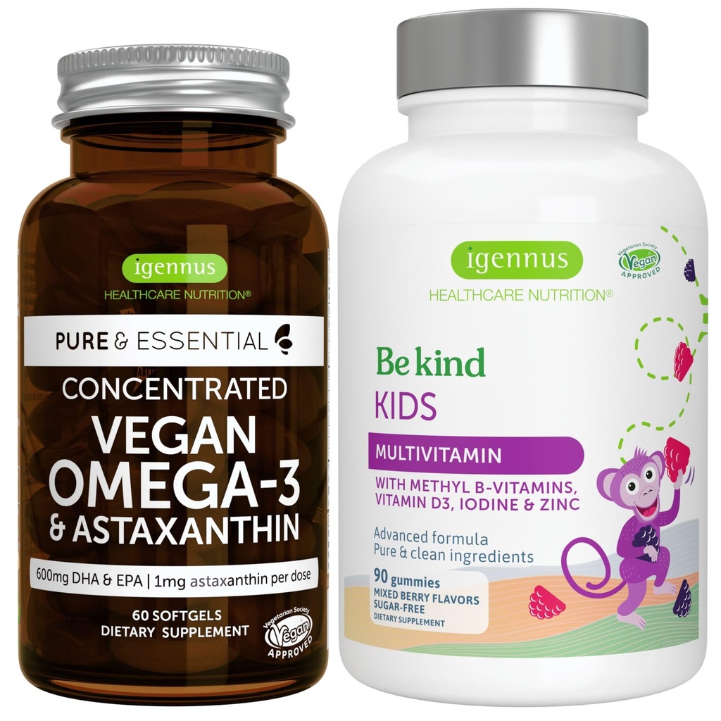 Vegan Omega-3 Aļģu eļļa + Advanced Kids Multivitamīnu Svece, Augstas koncentrācijas DHA un EPA + vitamīns A, B, C, D3 & E, Tīras sastāvdaļas 60 Softgels + 90 Berry Flavor Gummies, by Igennus