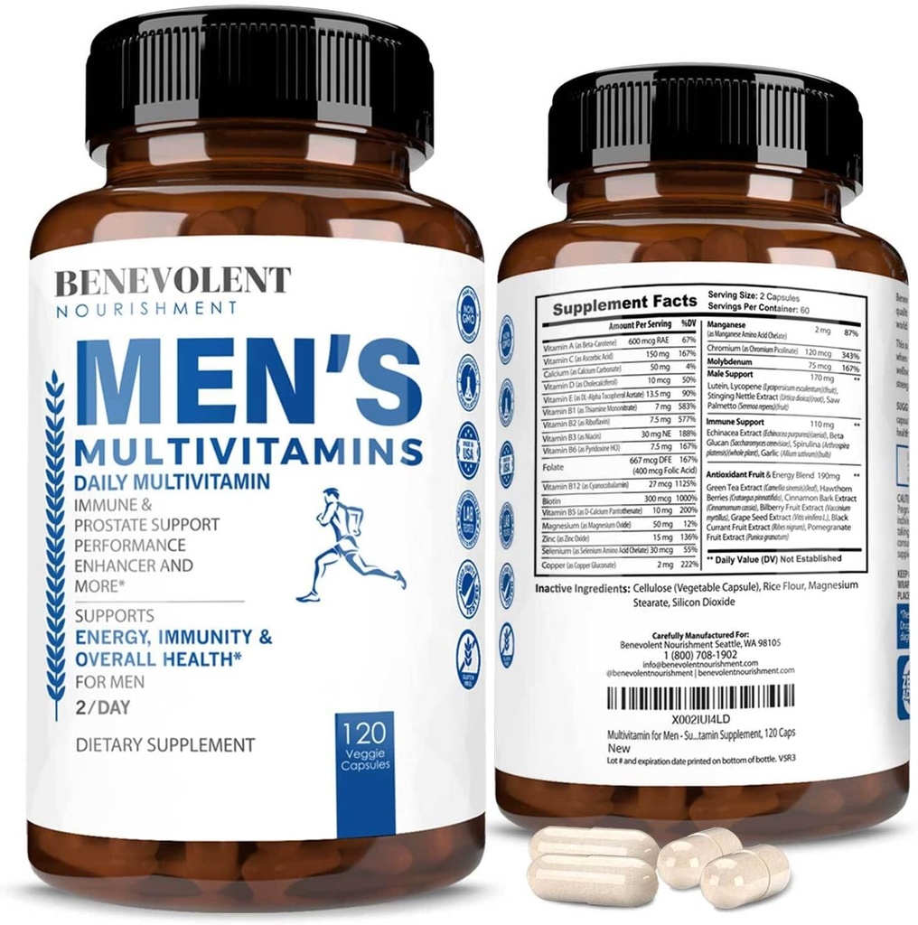 Labvēlīgs uzturs Multivitamīnu vīriešiem - atbalsta enerģiju un vispārējo veselību - Essential Daily Vitamīni vīriešiem, Biotīns, Magnijs, Cinks un Antioksidants imūnās veselības - ne-GMO,120 Caps