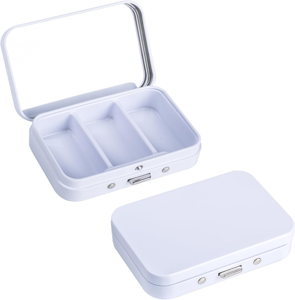2Pack Pill Box 3 iecirkņa Pill Case, Portable Metal Travel Pill Box ar spogulis medicīnā, Vitamīni, Zivju eļļa un papildinājumi, Portable Pill Box Kabatas vai Purse (balts)