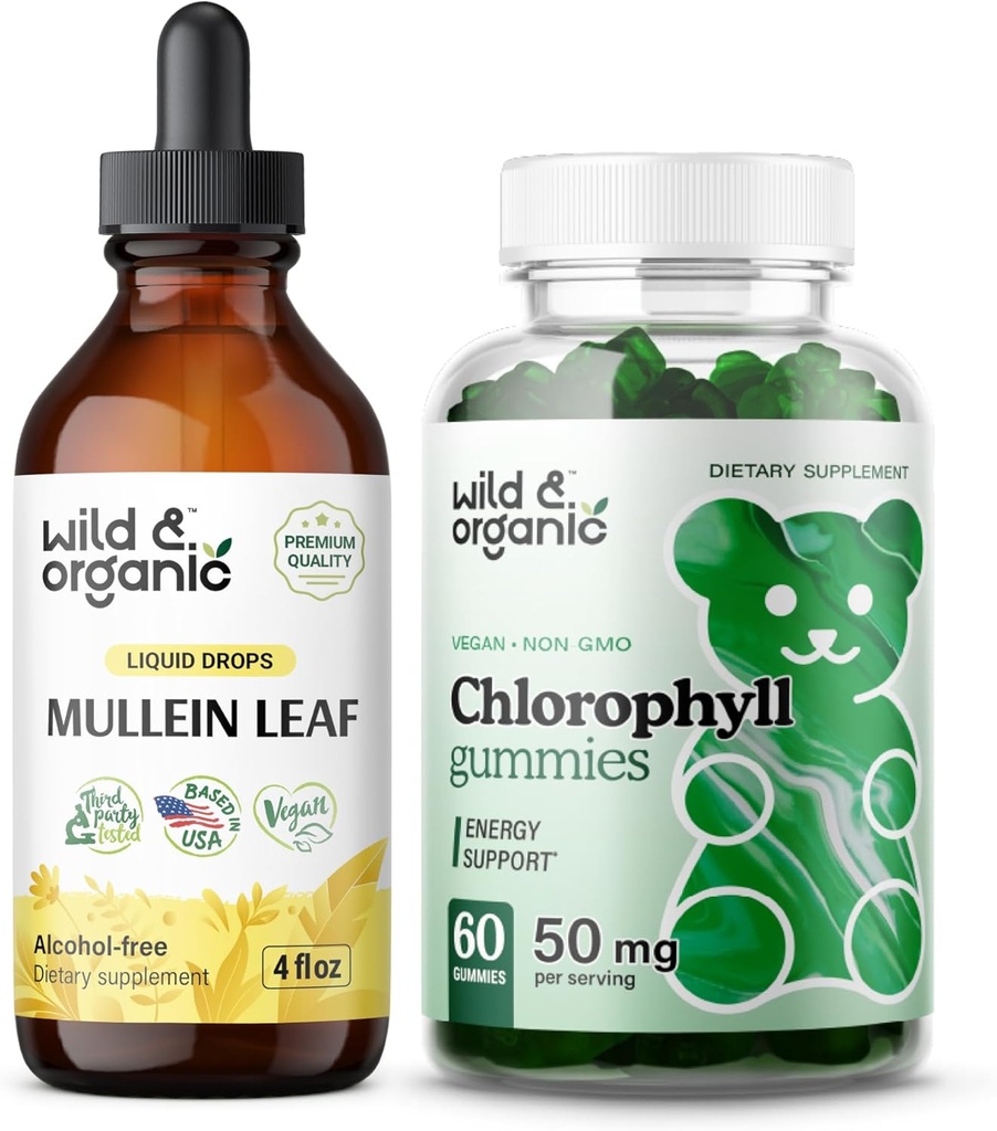Savvaļas un bioloģiskie Mullein pilieni 4 oz & Chlorophyll Gumies 60 košļājamās rotaļlietas