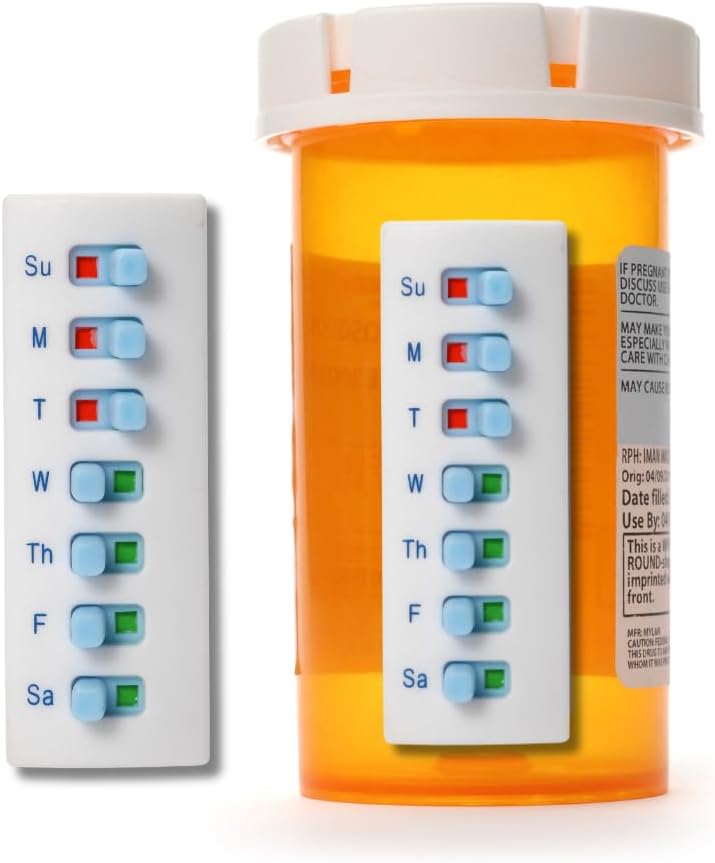 Atplēsiet un uzlīmējiet atkārtoti uz 12 + uzpildiet, iepiliniet/lietojiet zāles/Vitamīnu/Pet Med Tracker & atgādinājiet, pievienojiet pudeli, bez organizatora, izliektu atpakaļ (balts, 2-iepakojums)