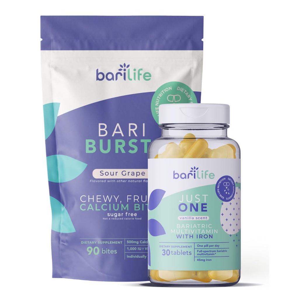 Bari dzīve tikai viens, reizi dienā Bariatrical Multivitamīnu ar dzelzi (30 tabletes) un BariBurst kalcija citrāts Soft košļājamās rotaļlietas kuņģa caurlaidi, kuņģa piedurknes un duodenālo slēdzi (Ātras vīnogas)