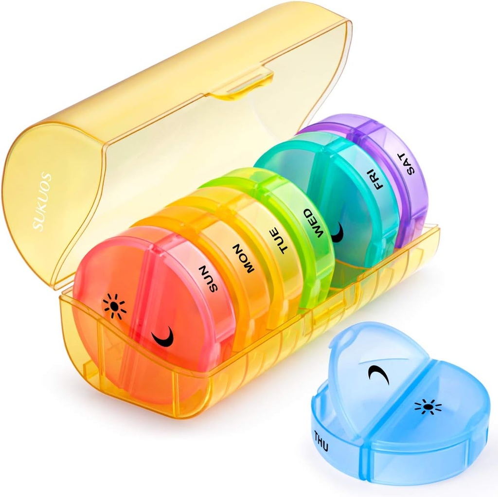 Sukuos Large Weekly Pill organizator 2 reizes dienā, Daily Pill Box 7 Day Viegli atvērt ar dubultu aizsardzību, AM PM Pill Case for Medicine/Vitamin/Zivju eļļa/Applements (Jellow)