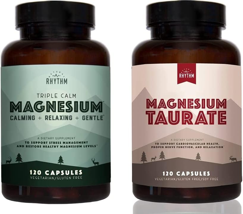 Dabiskais ritms Diena un nakts Bundle - Trīskāršs Mierīgs Magnijs 150mg, 120 Kapsulas + Magnija Taurāts 750mg (150mg Elementārā magnija) 120 Kapsulas