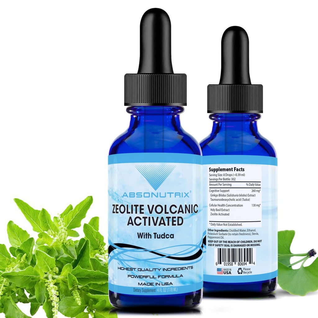 Absonutrix Zeolite Volcanic Aktivizēts ar Tudca Advanced Formula 390 mg, 4 Oz Liquid, 302 Serviss, Ražots ASV, Quick Absorbcija,Non-GMO, GMP Certified Facility, Cruelty-free Products