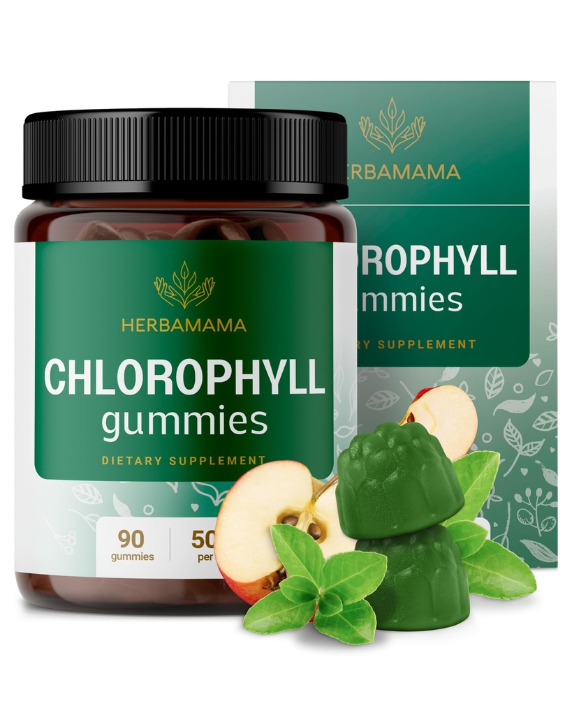 HERBAMA hlorofila detoksa gumijas - 50 mg nātrija vara hlorofilīna iekšējais dezodorants ķermeņa odoru atbalstam - Vegāns, ne- GMO antioksidanta papildinājums - 90 uz pektīnu balstīti ābolu pelējuma košļājamās rotaļlietas