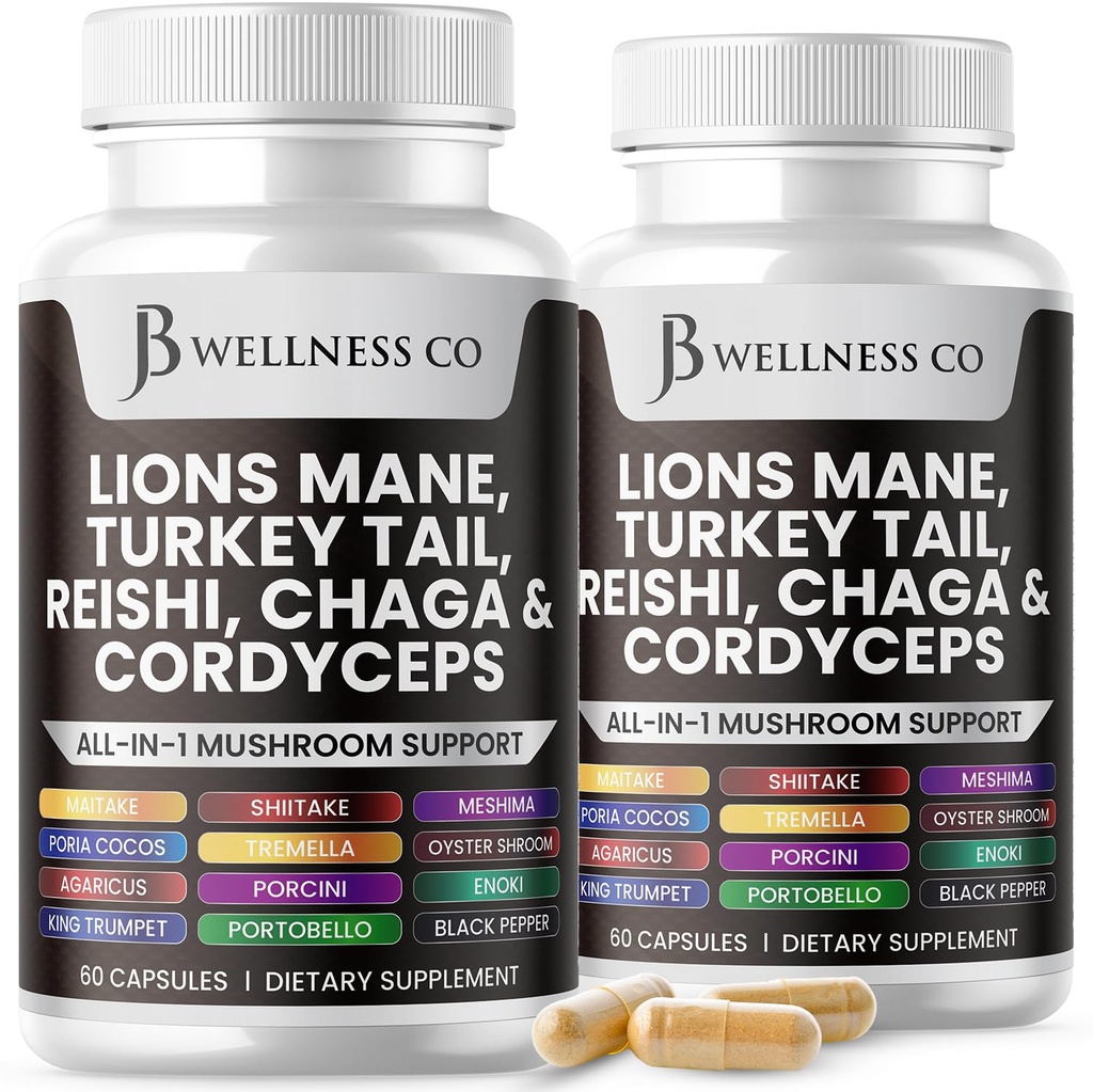 Lauvas Mane Papildinājums Kognitīvais atbalsts, Imūnā veselība ar Turciju Aste 20in1 Mushroom Reishi Cordyceps Chaga ar Marshmallow Sakne - 120 Count