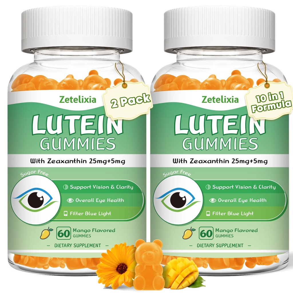 2 Iepakojums Lutein Gummies 25mg, Bezcukura Lutein Zeaxanthin papildinājumi Gumies, Acu veselības papildinājums pieaugušajiem, Acu vitamīni Lutein redzes un zilas gaismas aizsardzību, Mango Flavor, 120 Count