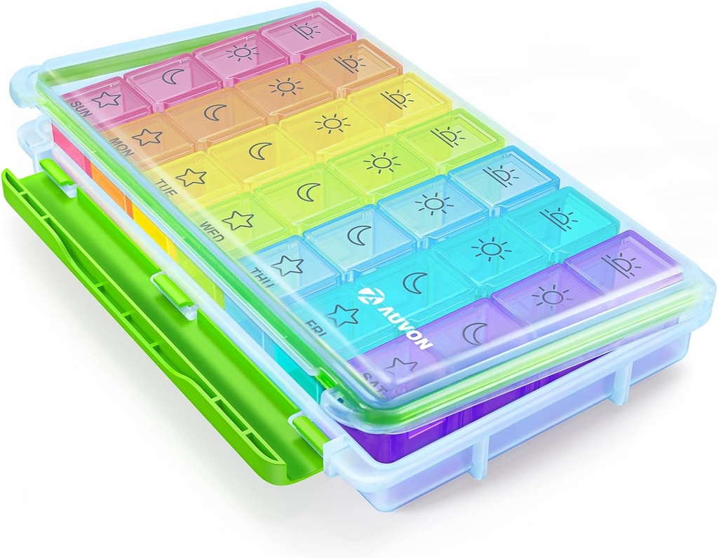 AUVON iMedassist mitruma-Proof Weekly Pill organizētājs 4 reizes dienā, liels 7 dienu Pill kaste Portable ceļošanai ar noņemamu individuālu Pill konteineru turēt vitamīnus, piedevas un medikamentus