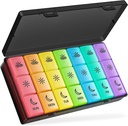 BUG HULL Pill organizētājs 3 reizes dienā, Lieli Weekly Medicine Pill organizētājs 3X diena, 7 Day Pill Box Lietas Rīta numurs Vakarā par vitamīnu, Cod-Liver Oil, papildinājumi (Rainbow Black)