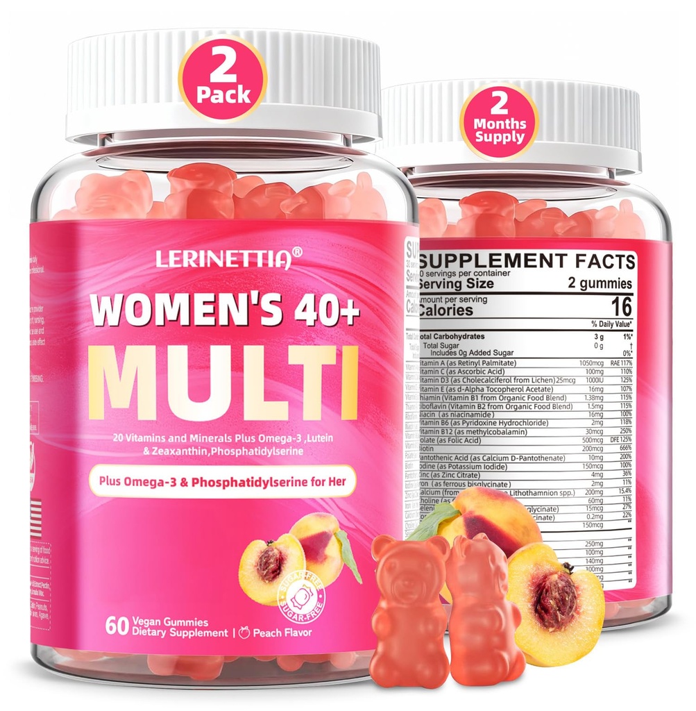 Multivitamīns sievietēm Gumijas 40+ ar omega 3, niacinamīdu, B-kompleksu, luteīnu, dzelzi, holīnu, fosfatidilserīnu, D3 vitamīnu ādai, matiem, enerģiju, imūnu, kaulu – vegānu, bezcukura, 120Cts