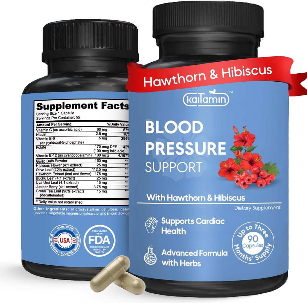 Asinsspiediena atbalsta papildinājums – Dabas Hawthorn, Hibiscus, Ķiploki un olīvlapas – Sirds veselība un cirkulācija atbalsts – B12, B6 – Vegan, Non-GMO – 90 Caps (3-Mēneša piegādes)