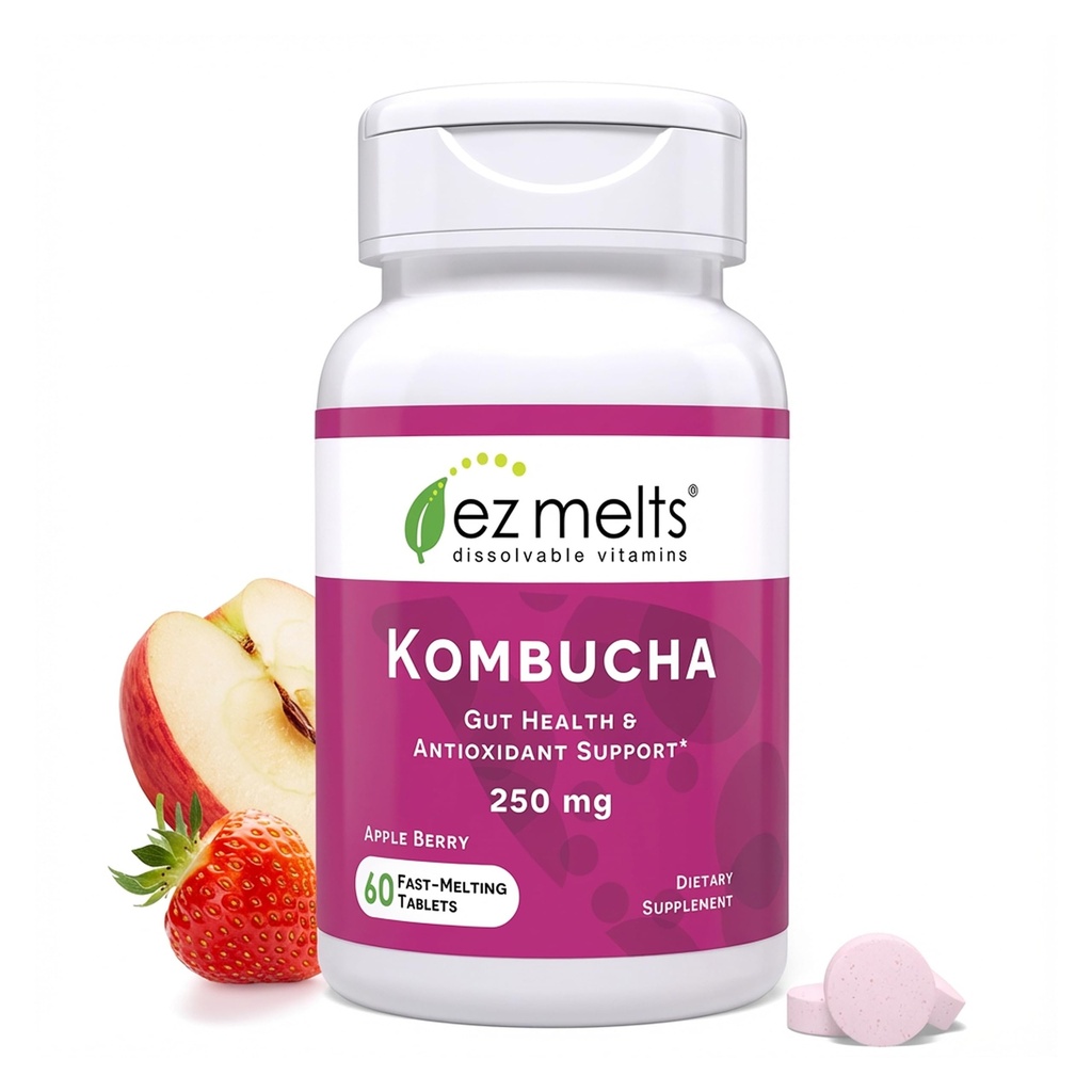 EZ Melts Neizdalāmas bezcukura Kombucha tabletes ar SCOBY un Apple Sidra Etiķis, Gut Veselības bagātinātāji vīriešiem un sievietēm, Apple Berry Flavor, 2- mēnešu piegādes - 1 iepakojums