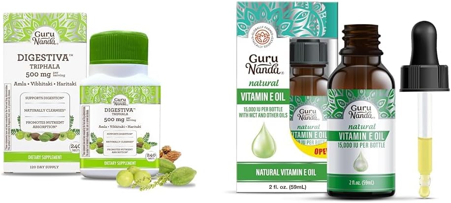 GuruNanda Digestiva Triphala (240 tabletes) & E vitamīna eļļa (2 Fl Oz) - atbalsta Gremošana, palīdz ar uzpūšanās un aizcietējums, uztura bagātinātājs ar Amla, Haritaki & Bibhitaki
