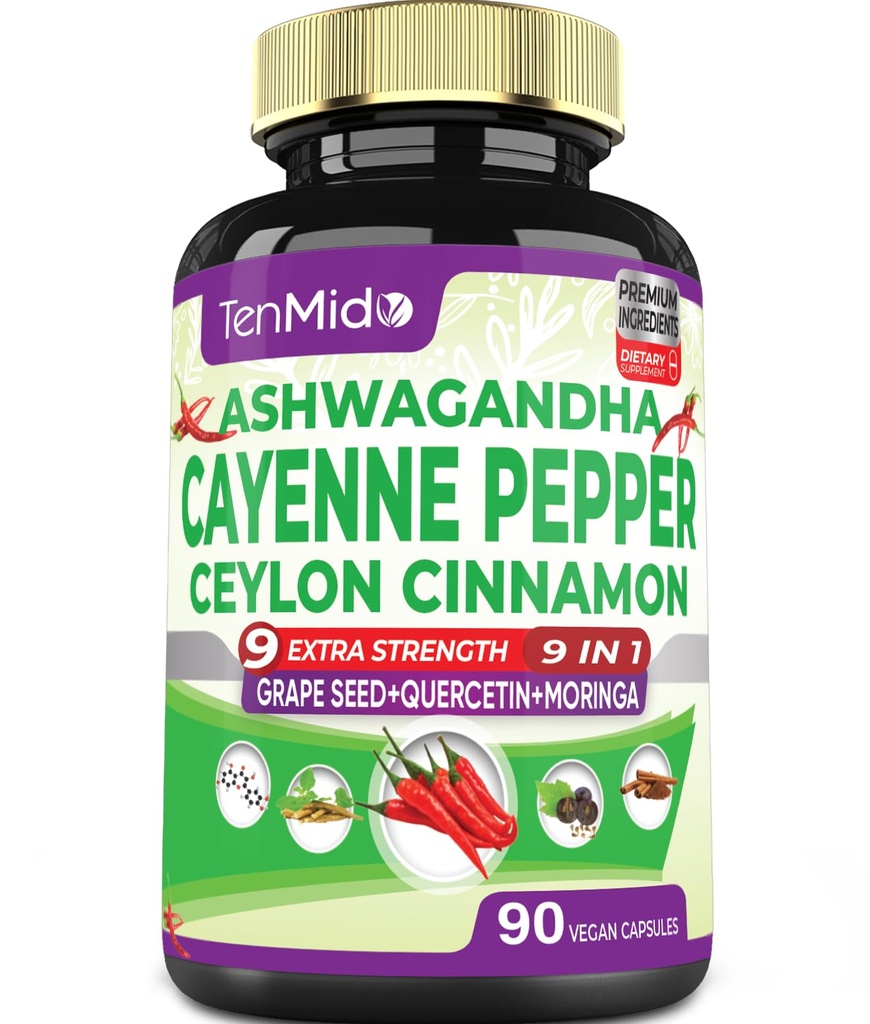 Kajennas pipari papildina kapsulas, 3 mēneši Supply & Ashwagandha, Ceilonas kanēlis, Vīnogu sēklas, Quercetin, Moringa, Ginkgo Biloba - sirds labsajūta, veicina Gremošanas veselība -90 Caps