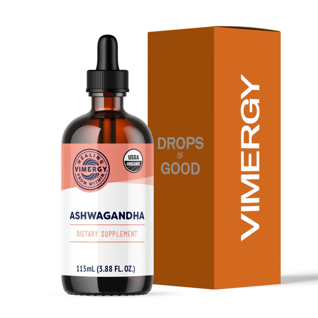 Vimergy USDA Organic Ashwagandha Liquid Extract, 57 Servings – Stress Papildinājums Drops – Adaptogēns – Atbalsta Kognitīvā funkcija – Miega atbalsts – Bezalkohols, Ne-GMO, Vegan & Paleo Friendly (115 ml)