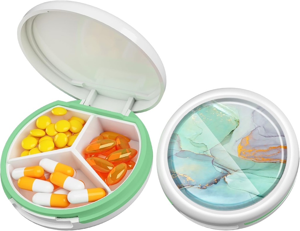 Serfeymi Small Pill Box - 3 Iedalījumi Portatīvā Pill kaste Purse kabatā, Compact Mini Travel Pill Case - Piemērots medicīnai, vitamīnu, zivju eļļa, papildinājumi - White(Marble)