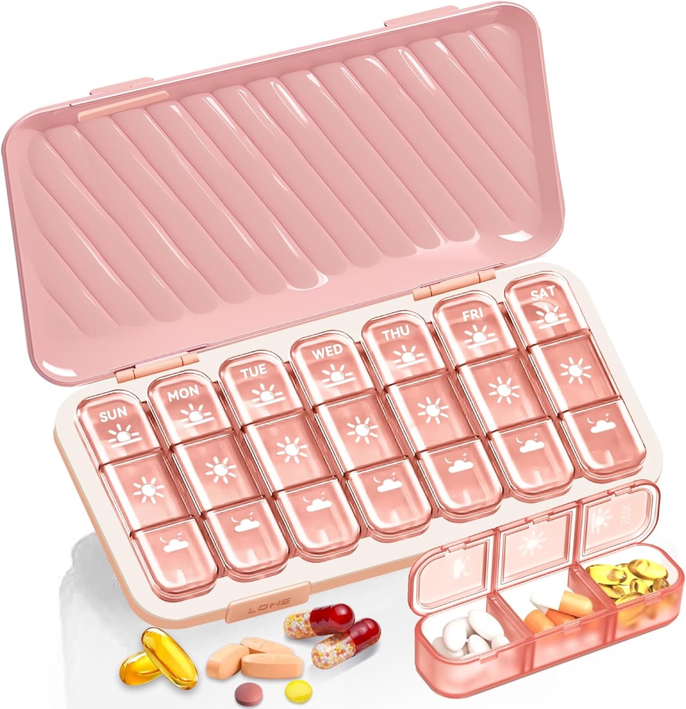 Pillu organizētājs 3 reizes Diena, 7 dienas Pill kaste - GloDeals Weekly Pill Organizators, Portable Noņemams Daily Medicine Konteiners Dispenser Kaste vitamīnu zivju eļļas papildinājums, rozā