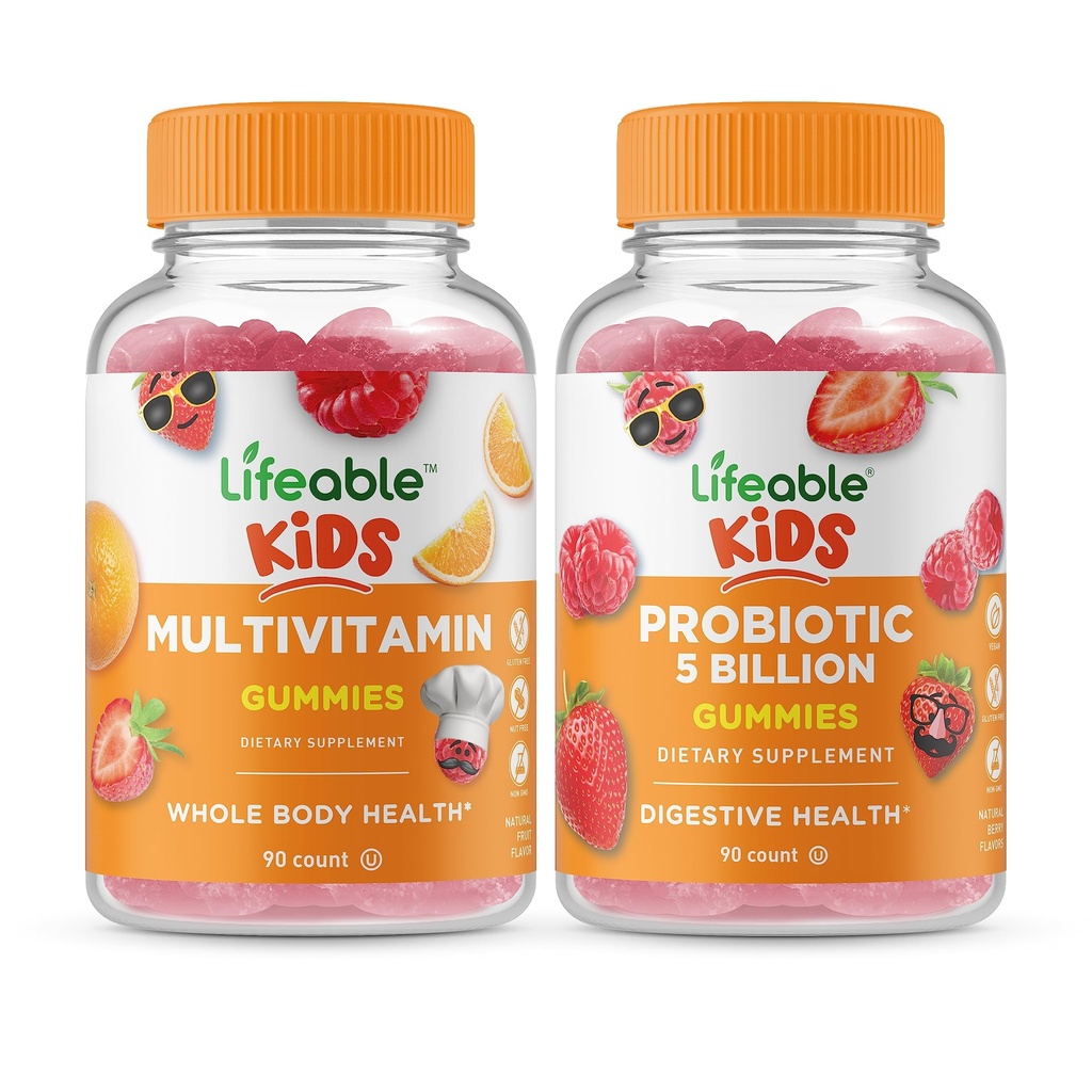 Dzīvot Multivitamīnu Kids + Probiotikas 5 miljardi bērnu, Gumies Bandle - Great Tasting, Vitamīnu Papildinājums, Bez lipekļa, bez ĢMO, košļājamā gumija
