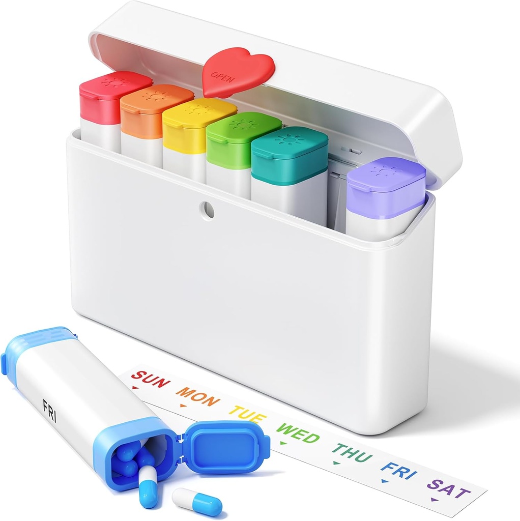 Daviky Pill organizētājs 2 reizes dienā - liela jauda Weekly AM PM Pill Box with Heart Latch, 7 Day Travel Pill Case, Cute Medicine organizētājs zālēm, vitamīniem, papildinājumi