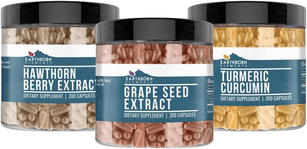 Earthborn Elements Vīnogu sēkla, Hawthorn Berry, & Turmeric Curcumin Kapsulas paka (200 kapsulas katra), Tīra un neatšķaidīta, Nav piedevu