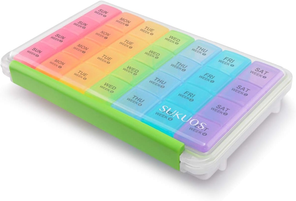 Sukuos Ikmēneša Pill organizētājs 28 dienas, liels mitruma stabilizators Pill kastes kastes ar putekļu proof kastīti un dzidru plūdmaiņu vitamīnu/zivju eļļu/piedevu, viegli atverama un tīra