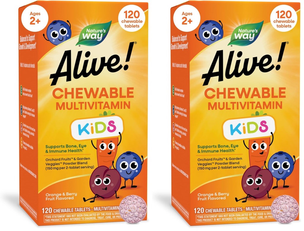 Dabas ceļš dzīvs! Bērnu dienas košļājamie multivitamīni, uztur kaulu, acu un imūno veselību*, apelsīnu un apelsīnu augļu uzlējumus, bez lipekļa, 120 košļājamās tabletes (iepakojums Maija starpi) (2. iepakojums)
