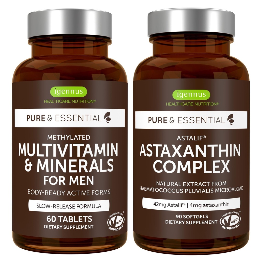 Multivitamīni un minerālvielas vīriešiem + astaksantīna komplekss Vegan Bundle, ilgstošas darbības uzlabotais multivitamīns + 4 mg H. Pluvialis Dabiskais astaksantīns, ko izstrādājis Igennus