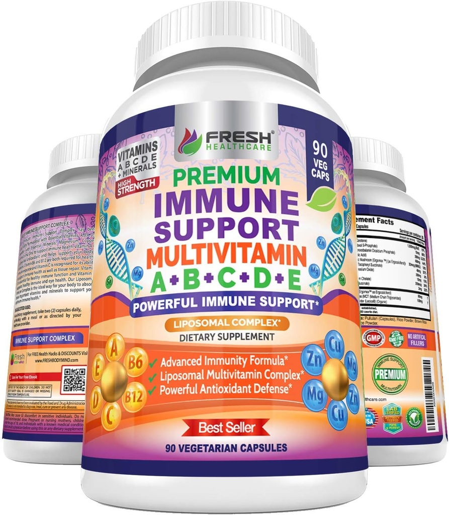 Imūnās sistēmas atbalsts Multivitamīni vīriešiem un sievietēm ar vitamīniem A, B, C, D, E, B6, B12 - Cinks, magnijs un varš ar liposomu kompleksu pastiprinātai absorbcijai - Dienas antioksidants Boost - 90 Vegan Caps