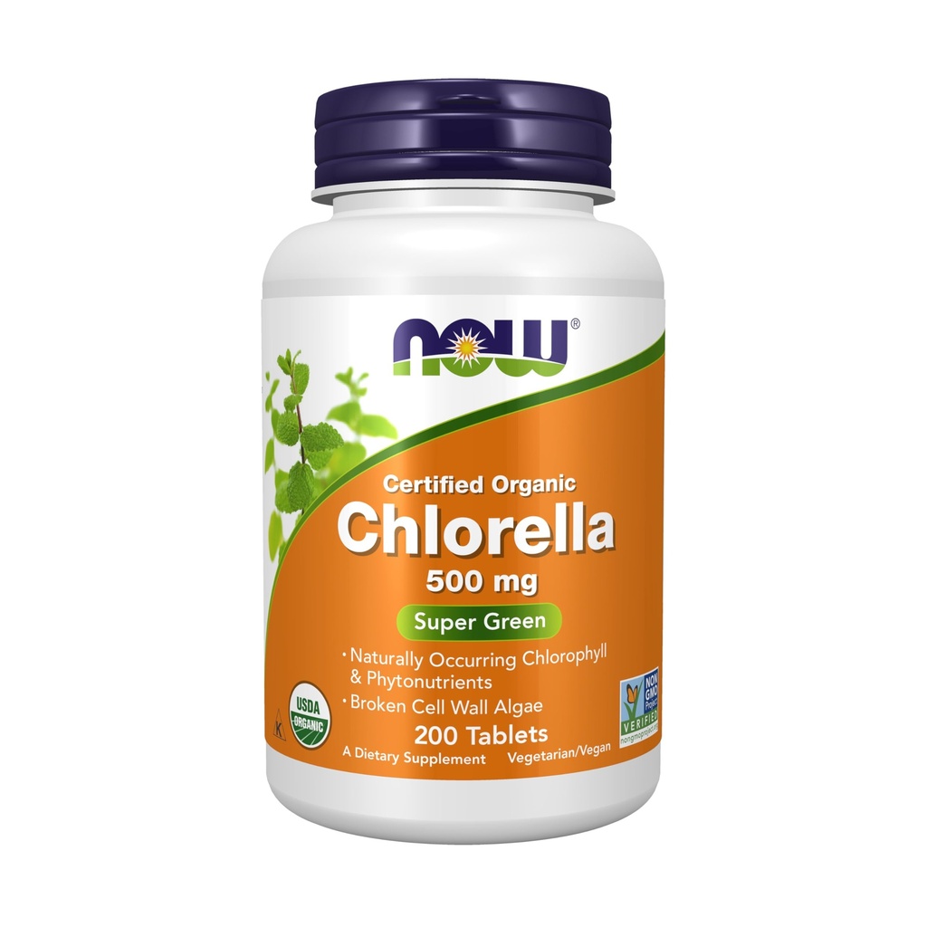NOW pārtikas piedevas, Organic Chlorella 500 mg ar dabā sastopamām hlorofilām, beta-karotīnu, jauktiem karotinoīdiem, C vitamīnu, dzelzi un proteīniem, 200 tabletes