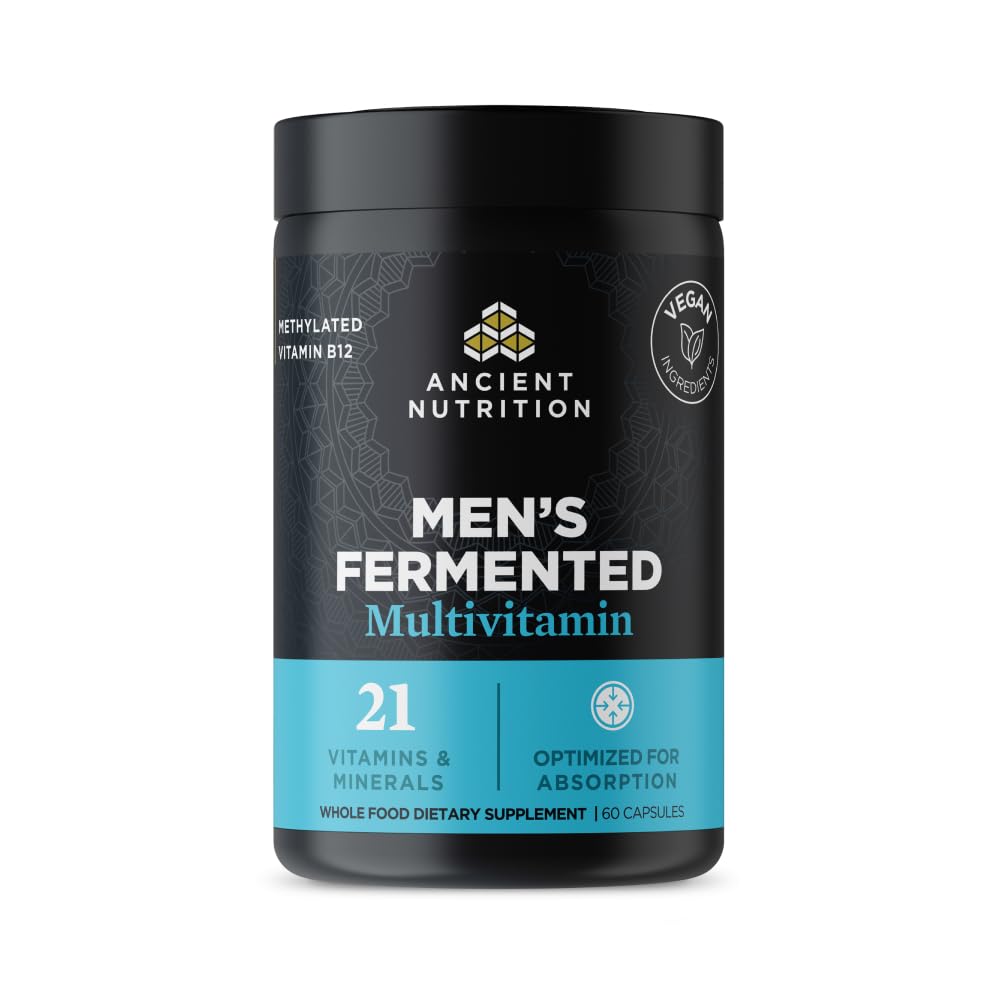 Ancient Nutrition Multivitamīni vīriešiem, Vīriešu fermentēti multivitamīni ar A, C, D, E, K, Cinka un magnija, Imūnsupport, Vegan, 60 Ct