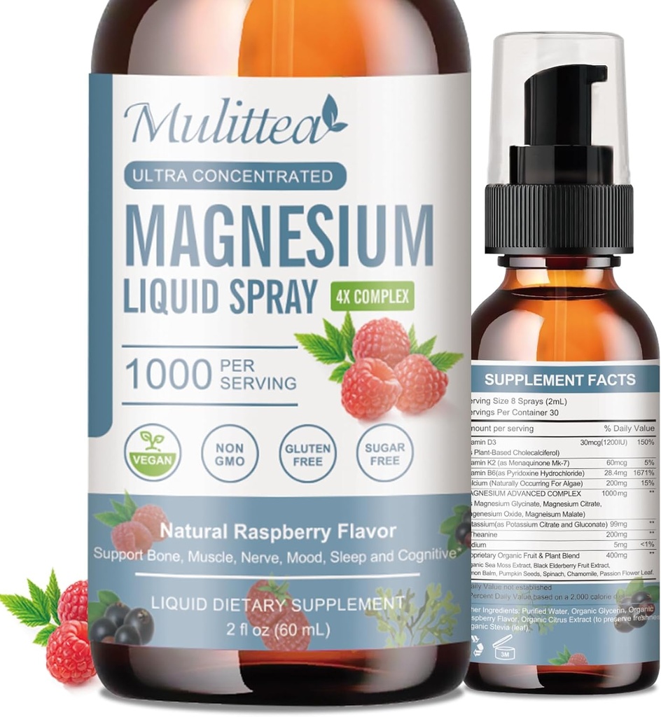 Magnija glicināts Šķidrums ar citrātu, Taurāts, Malāta-magnija komplekss Drops Spray w/Potassium L-Teanīna-Augsta Absorbcija -Vegāns, nesatur cukuru, 2 Fl.oz