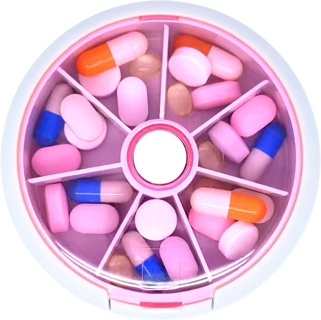 Plātņu organizētājs Travel Pill Case for Purse Portable Pill Box Round Weekiy Pill Konteiners Vitamīnu zivju eļļas tabletes papildinājumi (Rozā)