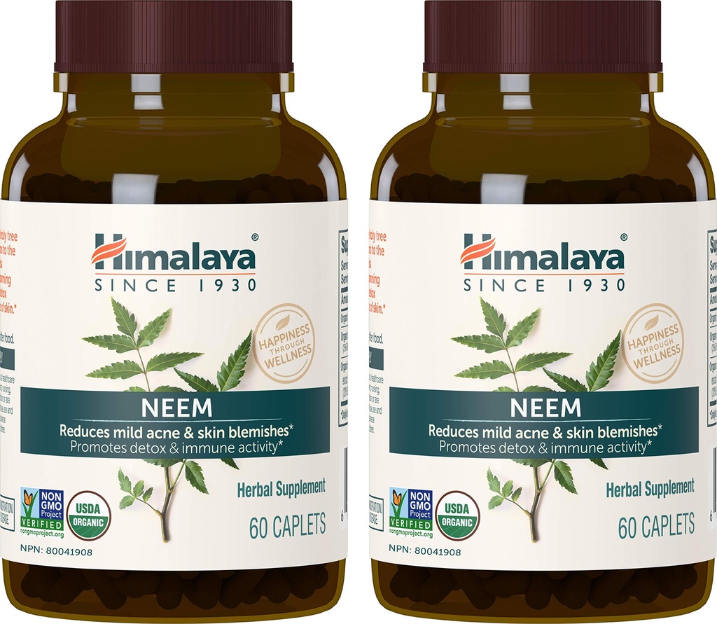 Himalaya Organic Neem augu papildinājums, vieglai pinnes un tīrai ādai, attīra, ajurvēda, USDA Certified Organic, ne-GMO, Vegan, 600 mg, 60 augu bāzes Caplets, 2 iepakojums