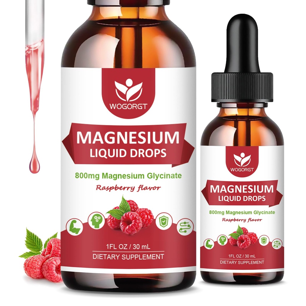(2 Iepakojums) Magnijs Glicerīns Šķidrie pilieni ar citrātu un Taurātu - Augsta Absorbcija 1000 mg Šķidrais magnija komplekss ar D3, GABA, L-teanīnu izgulsnēšanai, muskuļiem un fokusu, Aveņu Flavor - 30ml