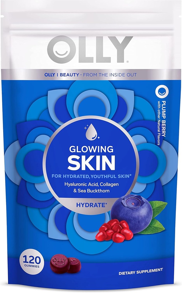 OLLY GLOWING Skin Collagen Gummy, Hydrated, Youthful Skin, Hyaluronic Acid, Sea Buckthorn, Chewable Papildinājums, Berry, 60 dienu piegādes - 120 grāf Pouch (iepakojums 6)