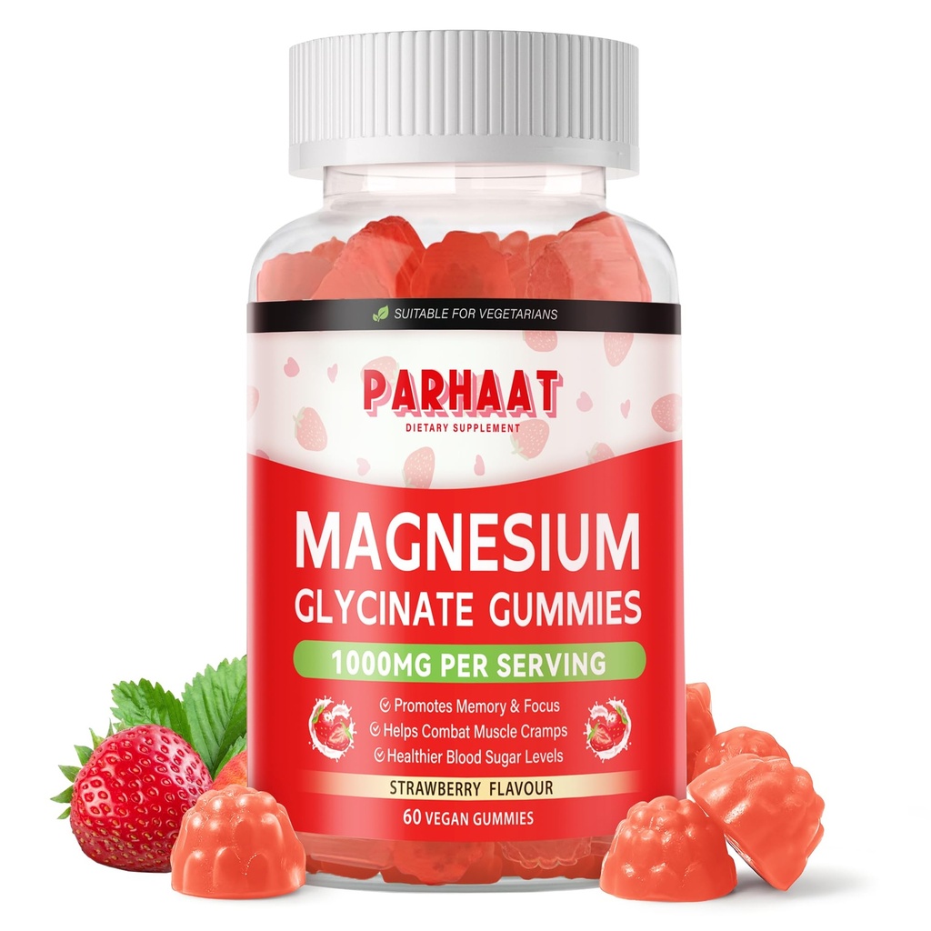 Magnija glicināti Gumijas - bez cukura Magnija Kālija Papildinājums ar vitamīnu D, B6, CoQ10 Calm Mood & Miega atbalsts - 60 zemeņu košļājamās rotaļlietas