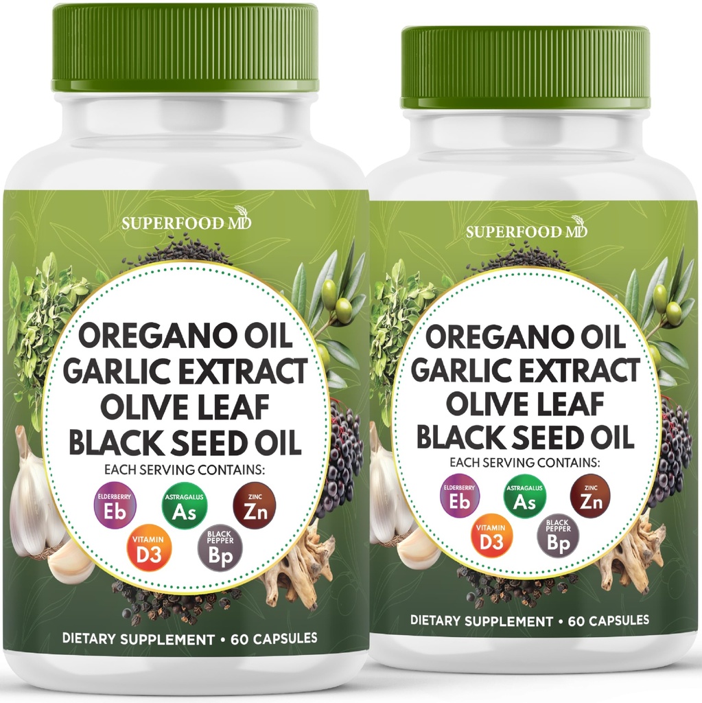 Oregano eļļa, ķiploku ekstrakts, olīvlapa, melnā sēklu eļļa, Astragalus-Immune Support & Digestive Health Supplement for Women and Men- 120 Count