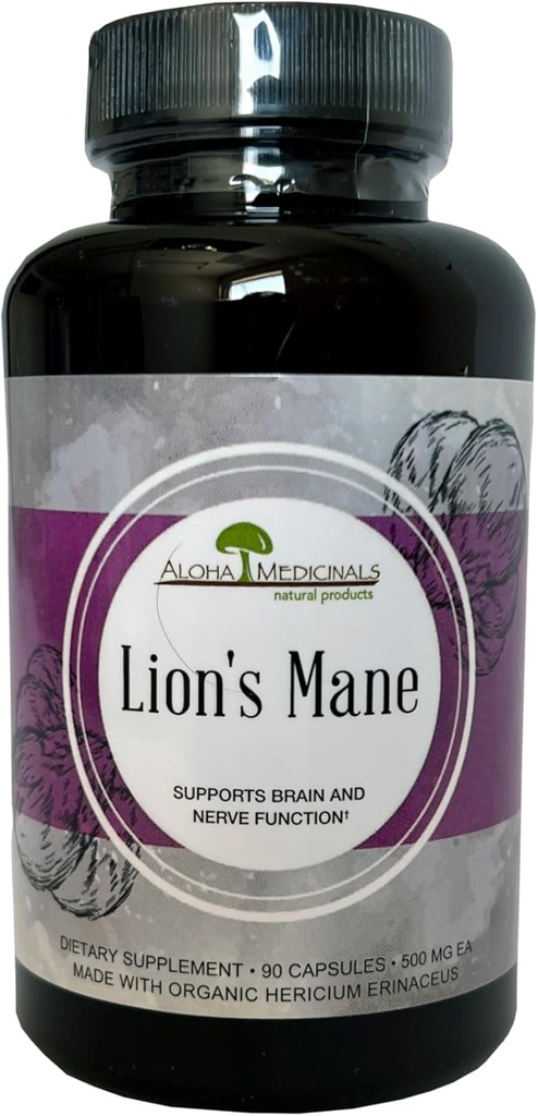 Aloha Medicinals Lion s Mane, Certified Organic Sēņu Papildinājums,Atbalsts Atmiņas un koncentrēšanās, iepakojumā 1, 90 Kapsulas Katra