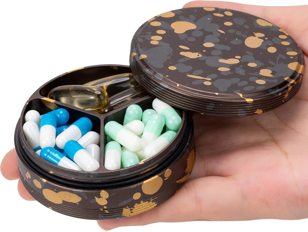 3 Iecirknis Metāla Pill Organizators - Pārnēsājams ceļojuma iepakojums kabatai Purse, Daily Medicine Konteiners, Vitamīnu un zivju eļļas turētājs, Papildbarība
