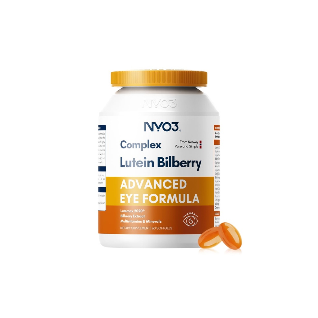 NYO3 Acu vitamīni ar luteīnu un Zeaksantīnu,Patented Eye Formula,Ieteica NIH,Advanced Bilberry & Astaksantin,Vitamins A, C, E, B12 & Minerals, Acu veselības un redzes aizsardzība, 60 Softgels
