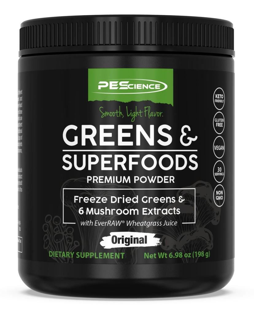 PEScience Greens pulveris Superfood with Natural Chlorophyll, Reishi & Turkey Astes sēņu pūderi, Freeze-Dried Kale, Spinach, Broccoli Sprouts, Original Flavor, 30 Servējumi