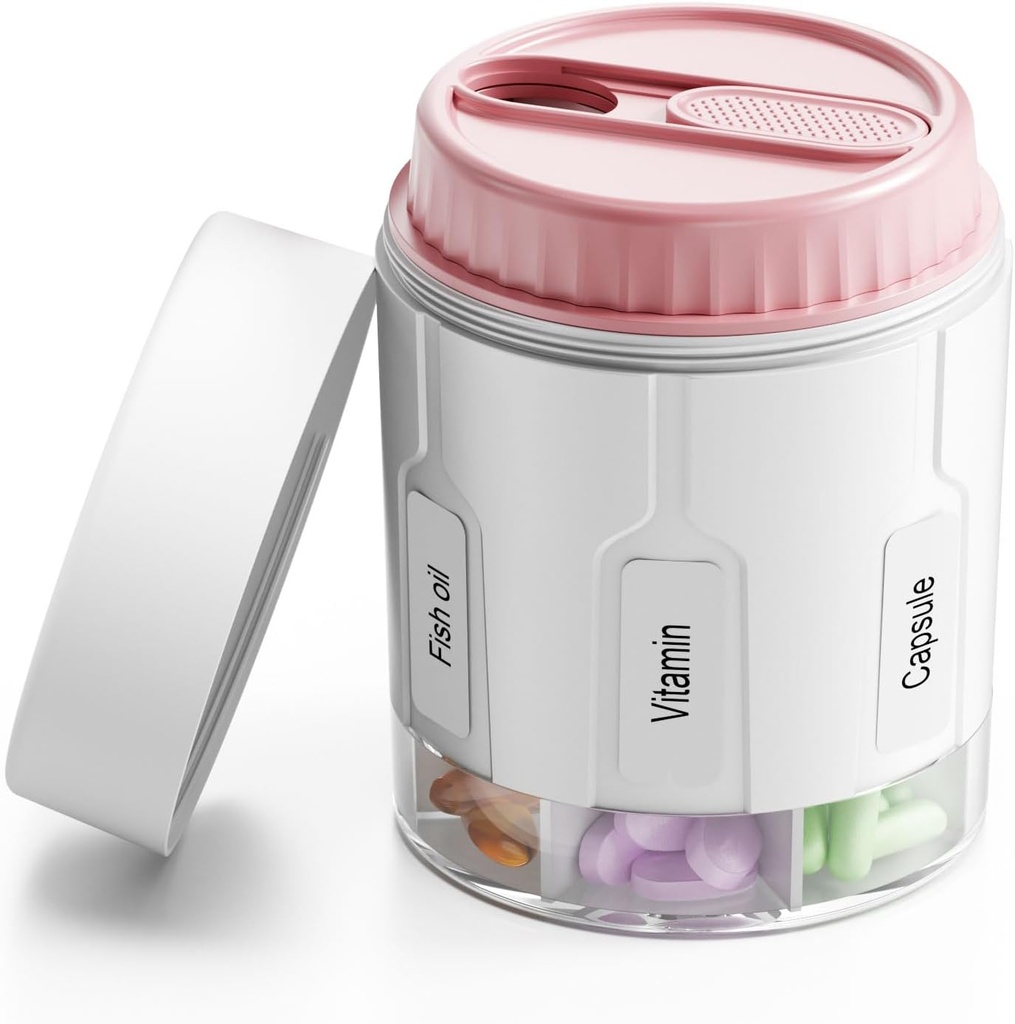 Daviky Pill pudeles organizētājs, papildinājums organizētājs ar 7 lieliem iecirkņiem, Travel Pill Dispenser Round Pill kaste ar diviem Lids (Rozā
