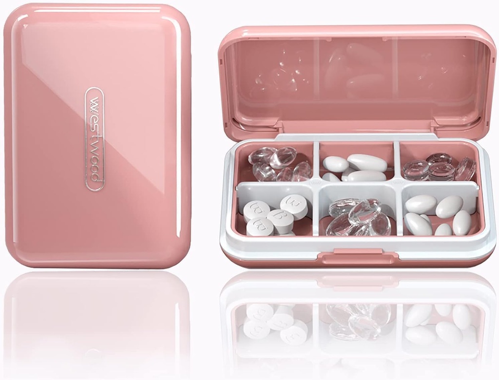 Travel Pill Organizators Mitrums Ūdensnecaurlaidīgs Small Pill Box for Pocket Purse 6 Iedalījumi Portatīvais Pill Case Medicine Vitamīna turētājs Konteiners, rozā