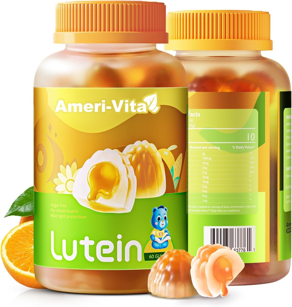 Bezcukura luteīns 5mg Gumijas acu veselībai: ar 1mg Zeaxanthin, luteīns piedevas Acu vitamīni Pildītas gumijas Luteīns Papildinājums redzes un zilas gaismas aizsardzību, Orange Flavor, 60 Count